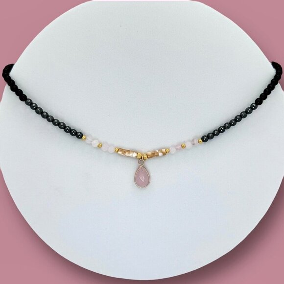 NWT Rose Quartz Teardrop Pendant Beaded Necklace 18K Plated Black Onyx Hematite - Picture 2 of 9